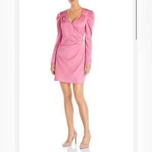 $249 WAYF Womens Pink Surplice V-Neck Puff-Sleeve Faux-Wrap Sheath Mini Dress M